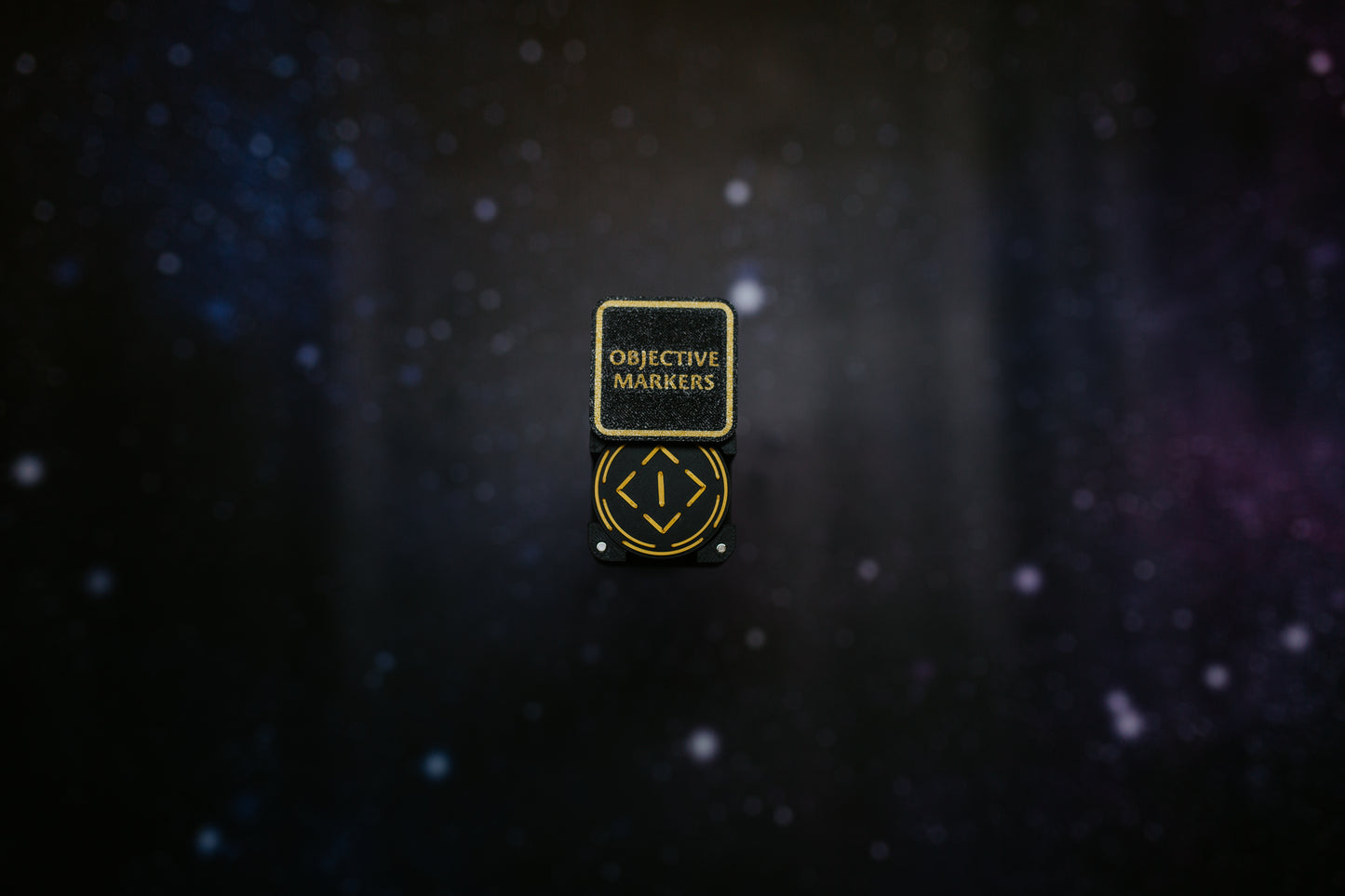 Numbered objective markers 6x 40mm with magnetic storage box for tabletop wargaming scenarios in black and gold