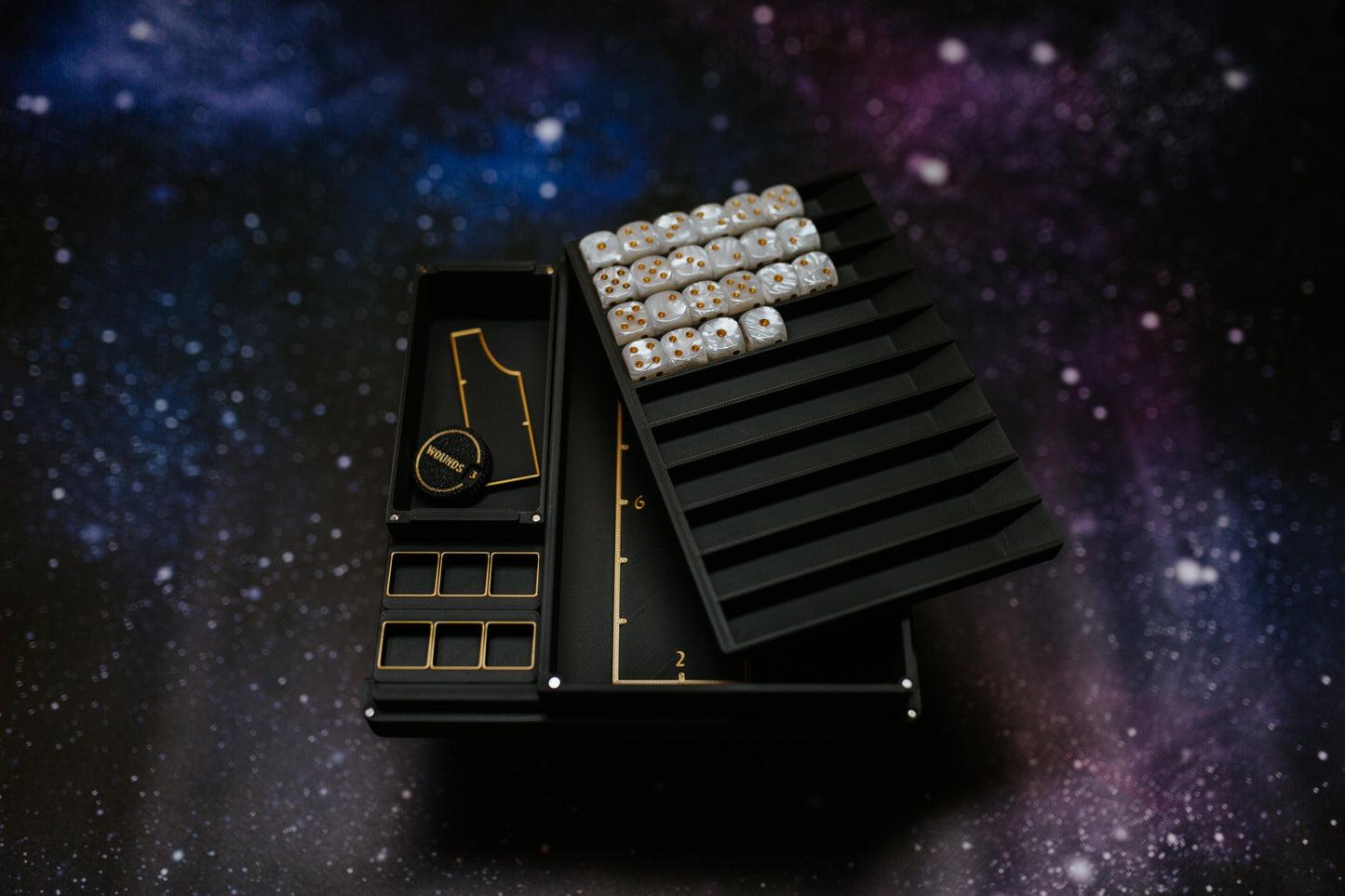 Premium magnetic dice storage solution in use during tabletop gaming session.