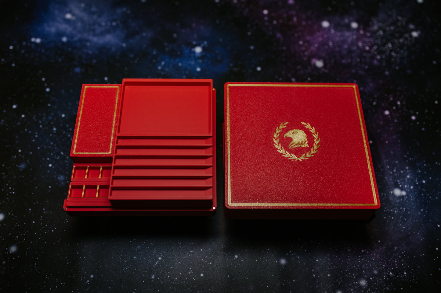 Magnetic dice storage box open showing modular compartments and dice organization system