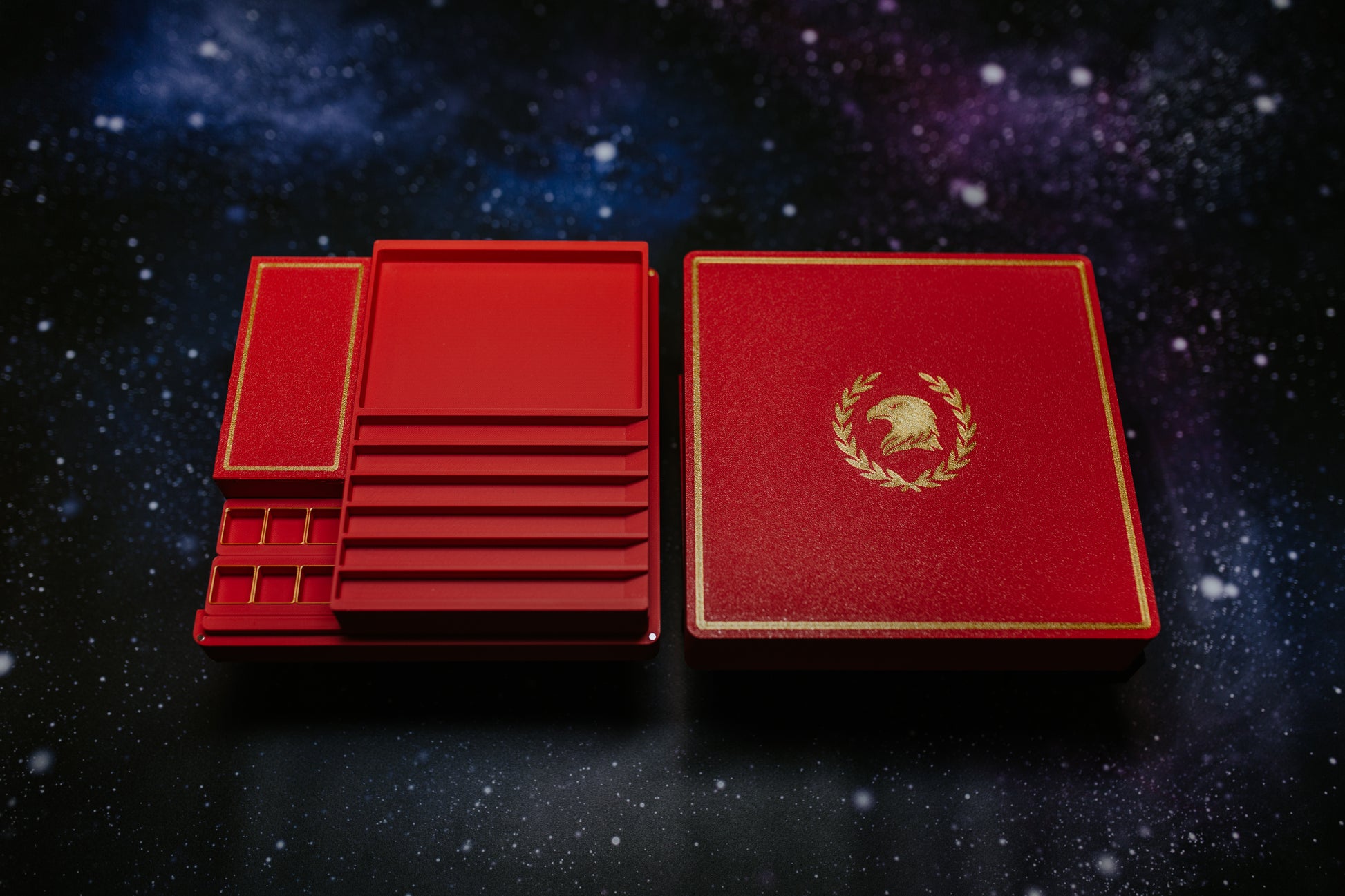 Magnetic dice storage box open showing modular compartments and dice organization system