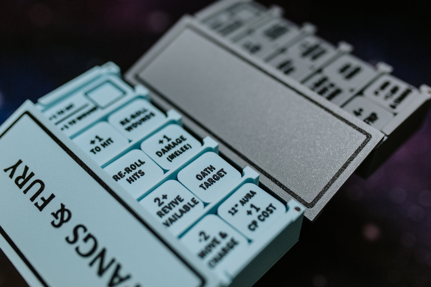 Closeup Wolf Brothers token sets - 54 piece space marine army tokens with magnetic storage for sci-fi wargaming