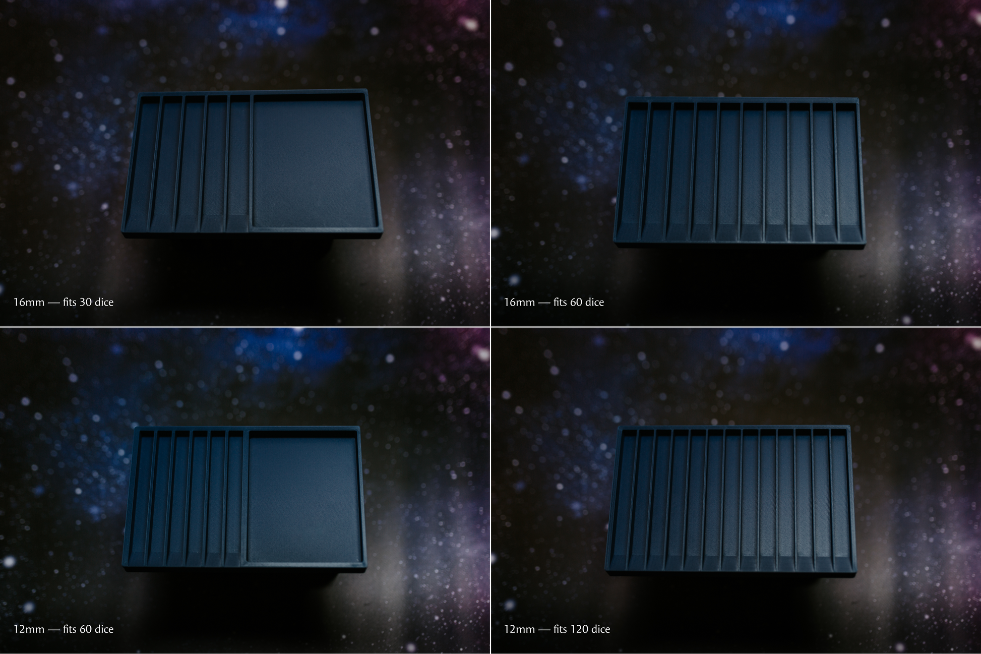4 different dice rack options side by side